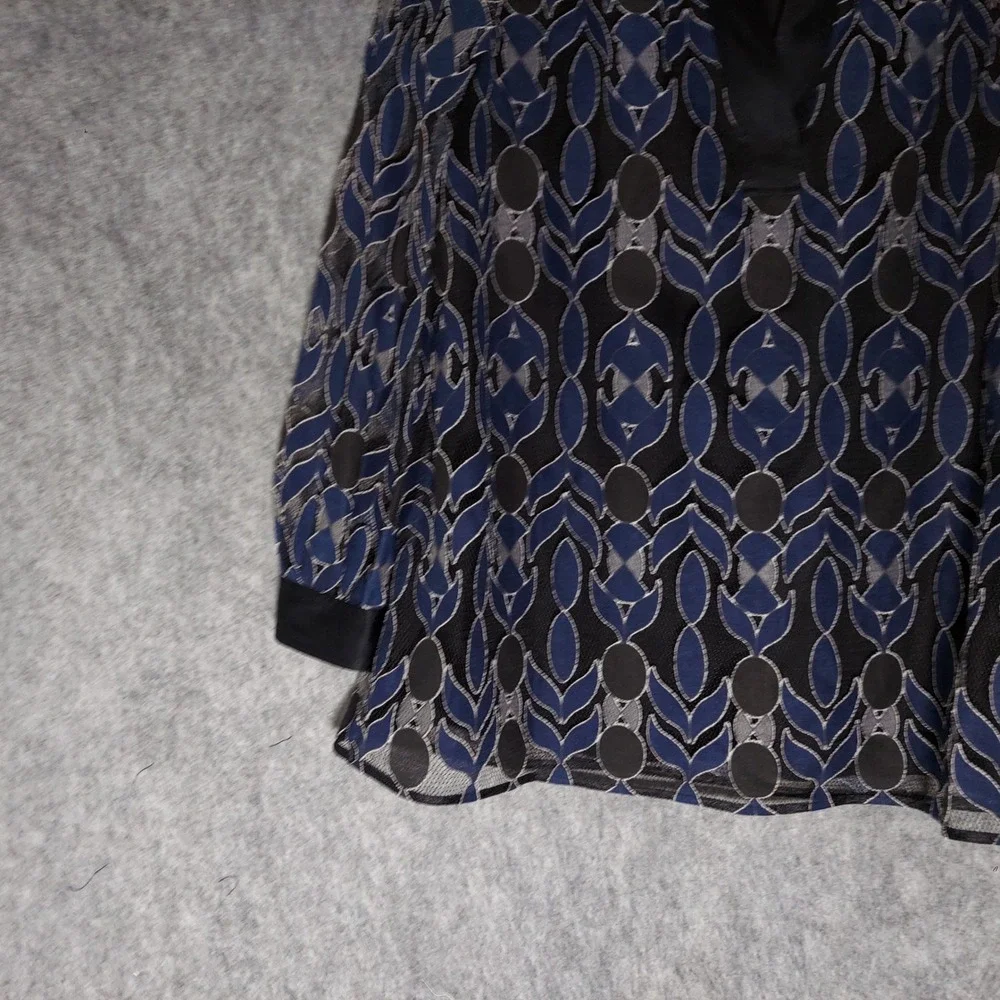 Tory Burch Harbor Silk Tunic L Blue Mesh Appliqué Lined Neck Long Sheer Sleeve
